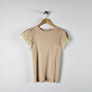 Current Air - ANTHRO Size LARGE Blush Eyelet Sweater Knit Top Lace Butterfly Slv